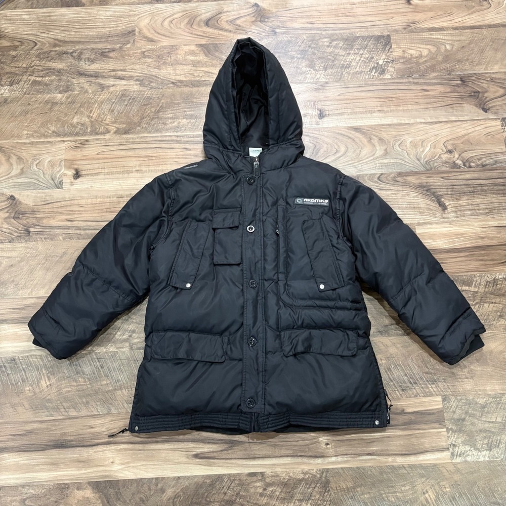 Vintage Y2K Akademiks Puffer Jacket Mens M Black Hooded Streetwear Parka Coat